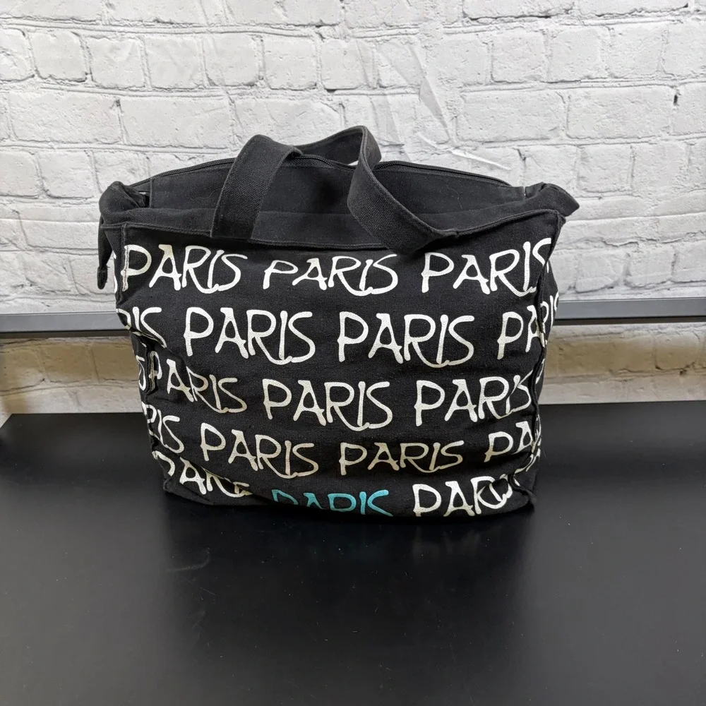 Robin Ruth Paris Canvas Tote Bag Black Script Print Zippered Shoulder Bag Travel